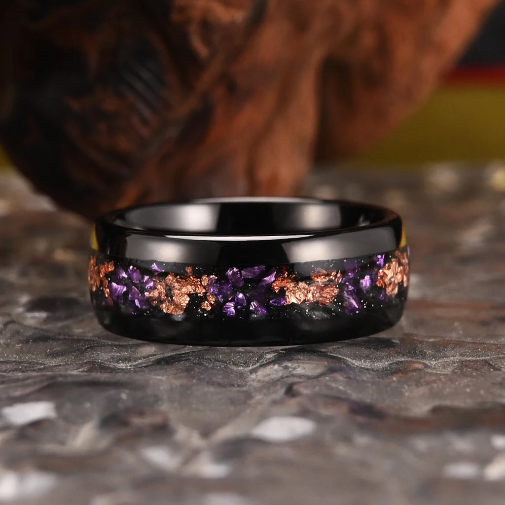 Anel 8mm/4mm Amethyst Tungsten Rose Gold