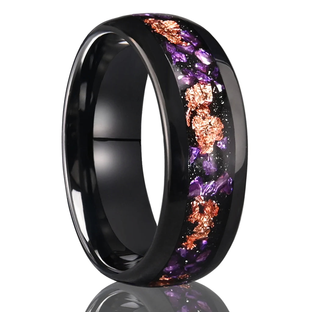 Anel 8mm/4mm Amethyst Tungsten Rose Gold
