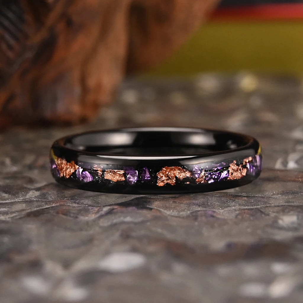 Anel 8mm/4mm Amethyst Tungsten Rose Gold