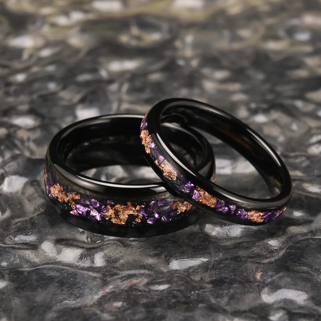 Anel 8mm/4mm Amethyst Tungsten Rose Gold