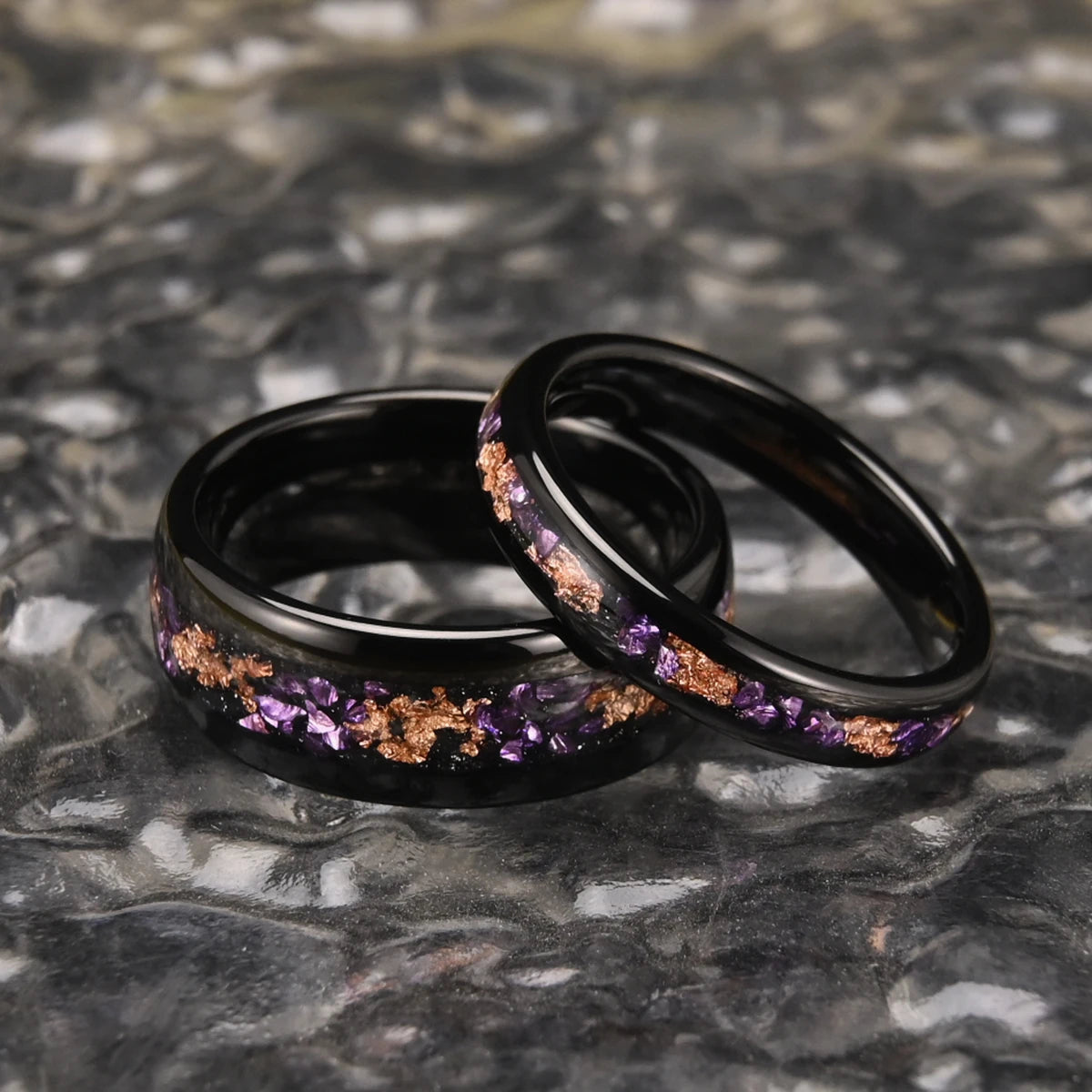 Anel 8mm/4mm Amethyst Tungsten Rose Gold
