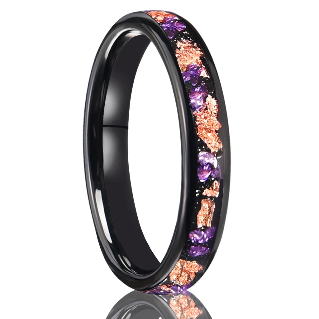 Anel 8mm/4mm Amethyst Tungsten Rose Gold
