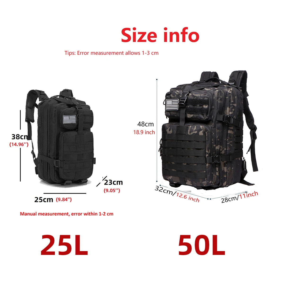 Mochila tática 25L/50L em Nylon resistente à água